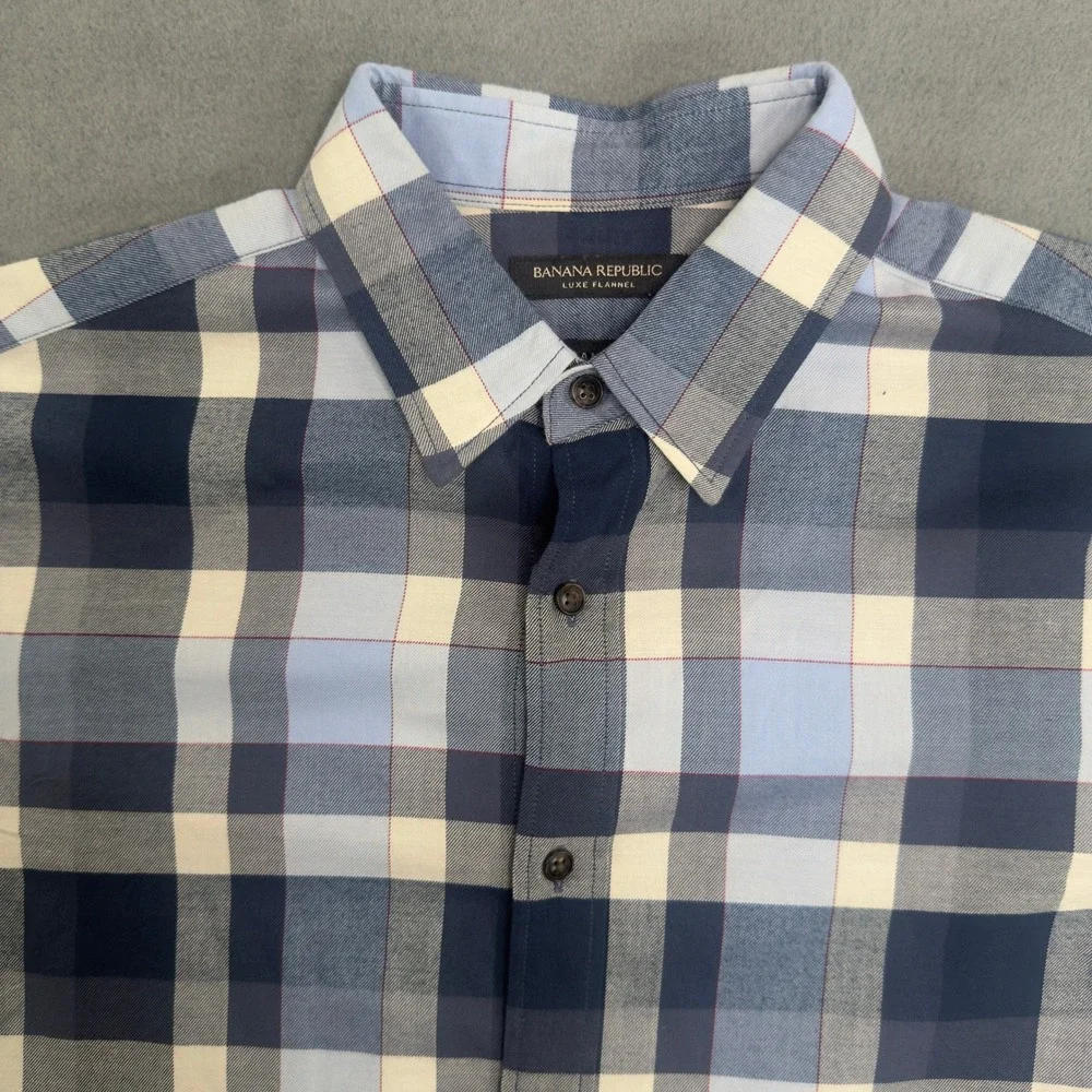 Banana Republic Mens Luxe Flannel Grant Fit Blue Buffalo Plaid Shirt M